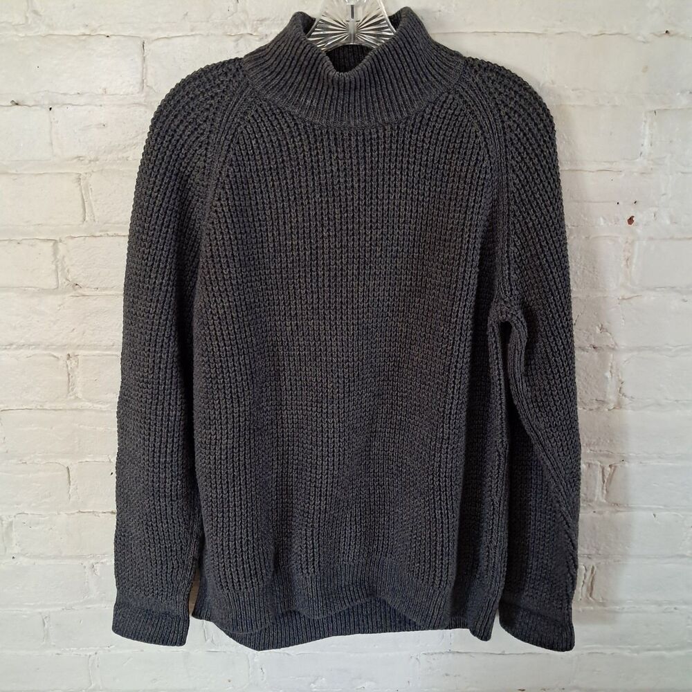 L.L. Beans Mens Medium Chunky Knit Charcoal Sweater Mock Neck 100% Cotton